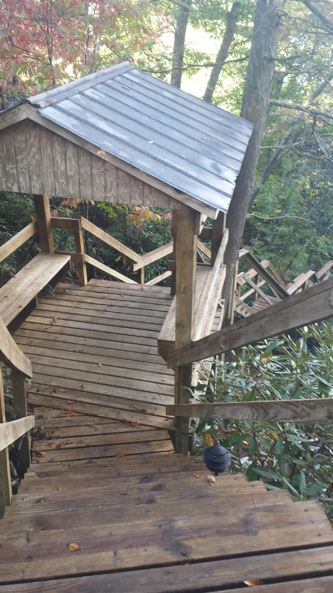 Metal roofed shelter over wooden steps on a wooded walkway — Skylight Repair & Installation work by our crew in Wynot